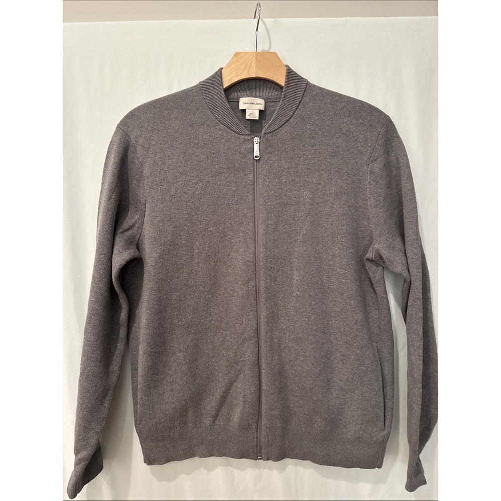 Calvin Klein Jeans Men's Gray Full Zip Mock Neck Sweater Med 100% Cotton